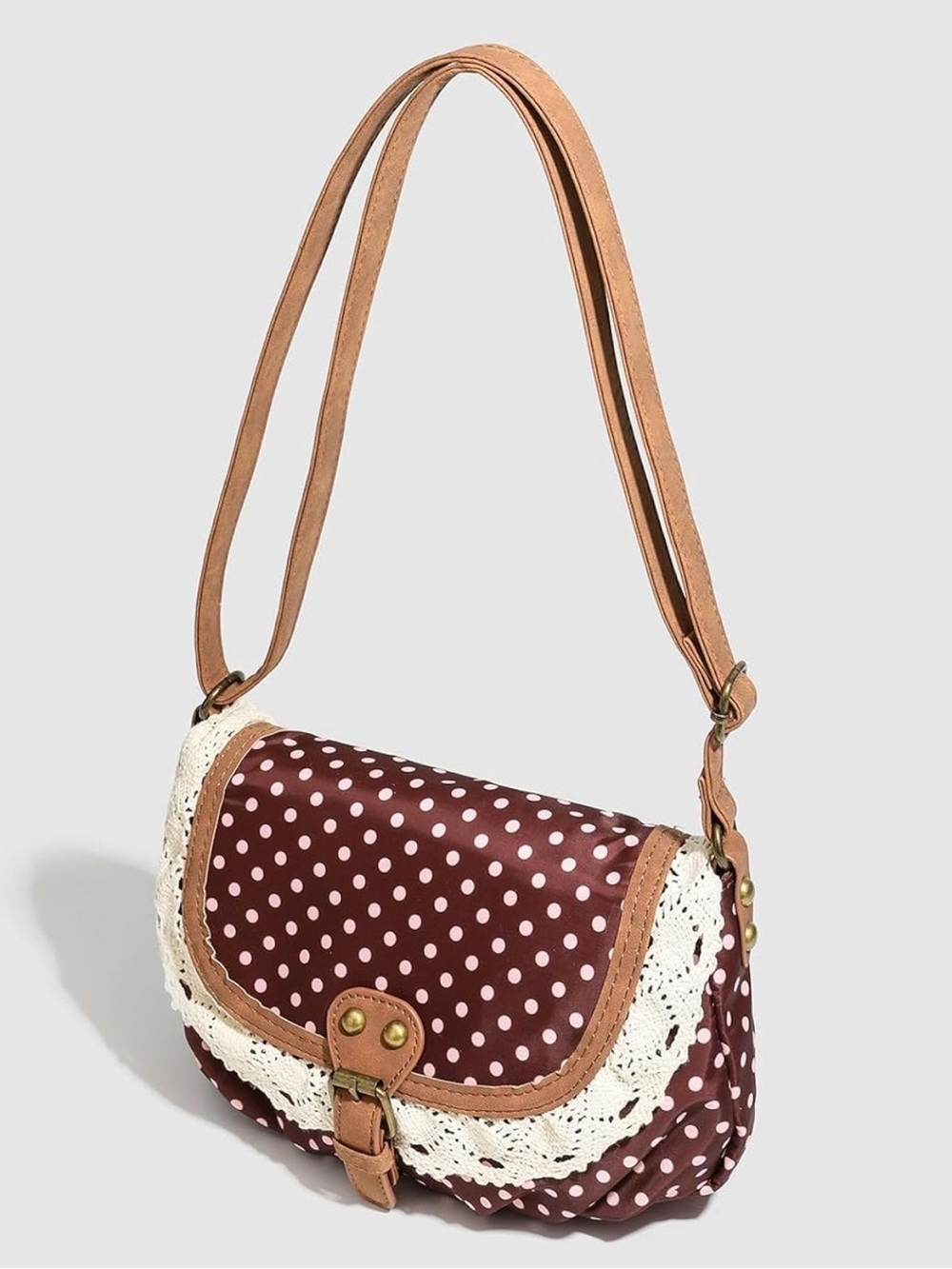 Whimsy Twee Brown Polka Dot Crossbody Purse with LaceAccentsVintage Shoulder Bag